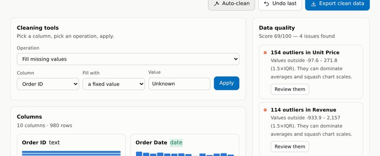 The data quality panel listing outliers and duplicates found.
